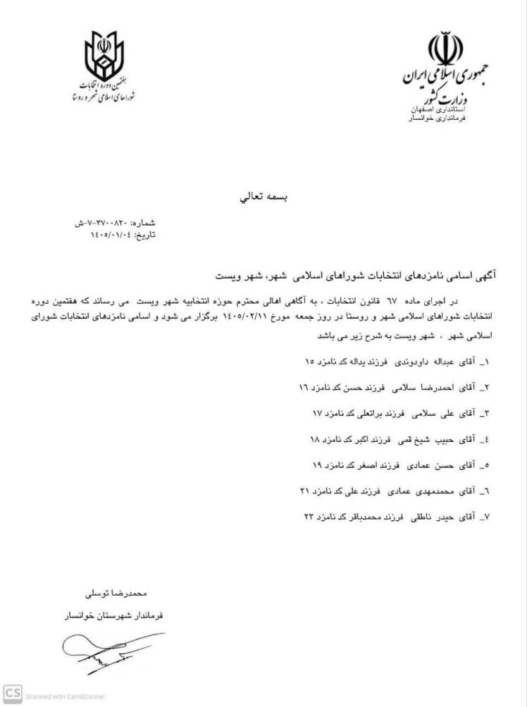 آگهی اسامی نامزدهای انتخابات شوراهای اسلامی شهر ویست